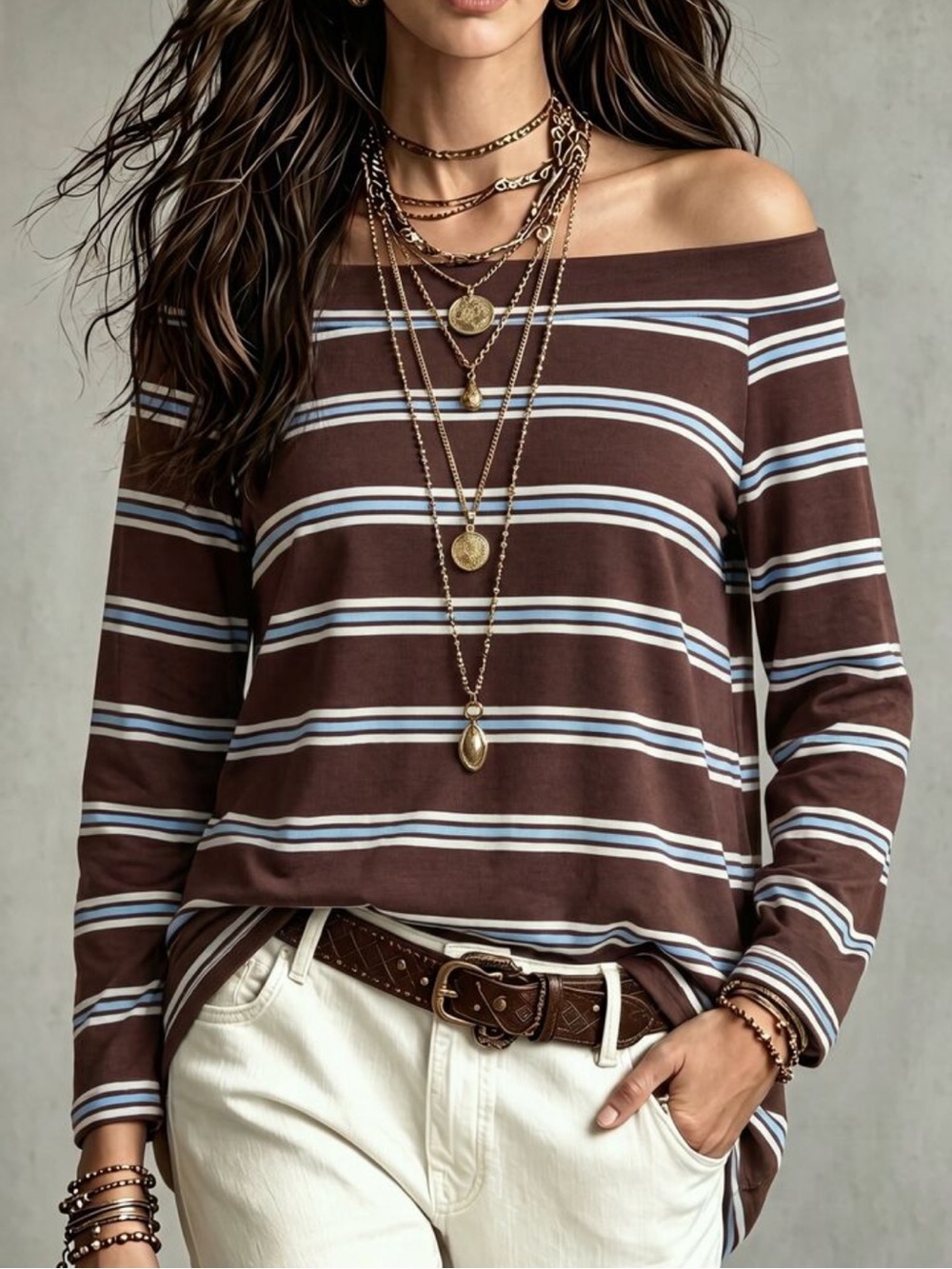 Striped Off-Shoulder Brown Women's Top
